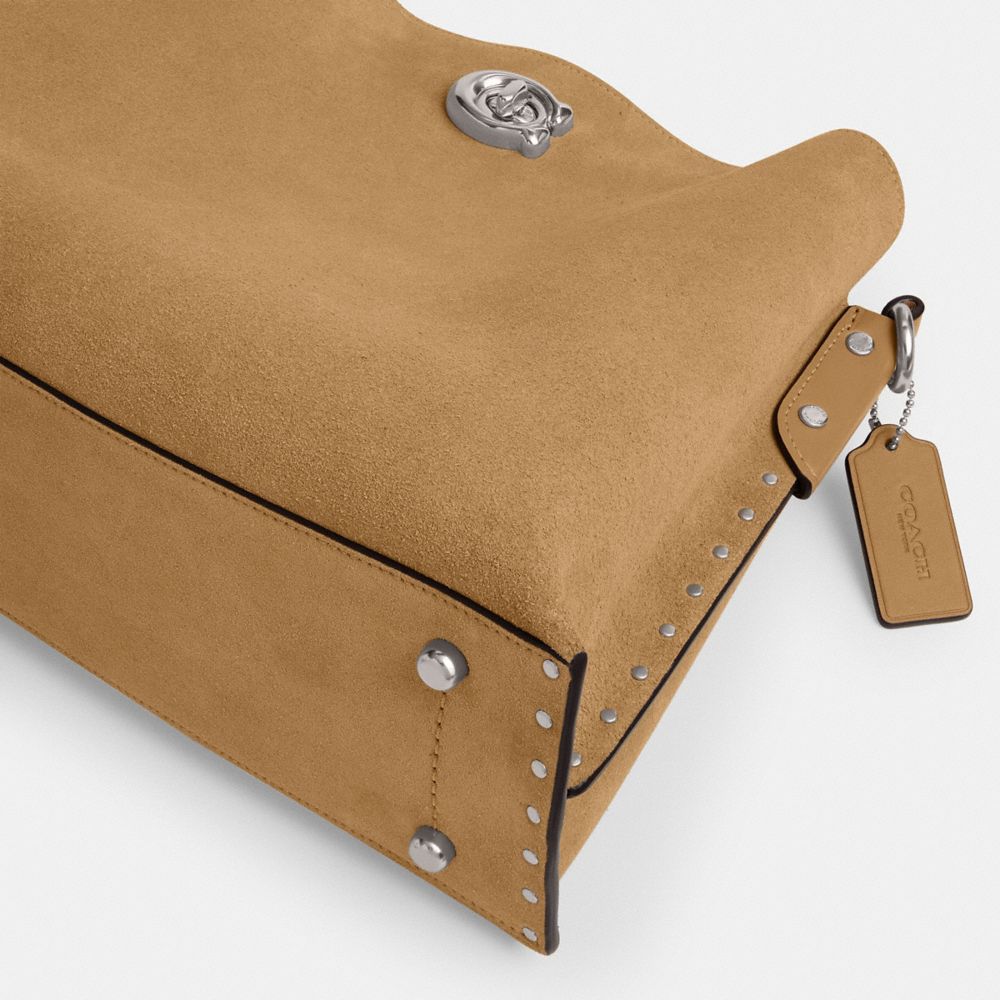 COACH®,Willow Shoulder Bag With Rivets,Leather,Bucket,Logo,Studded,Silver Metal,Casual,Brown,Outsole View