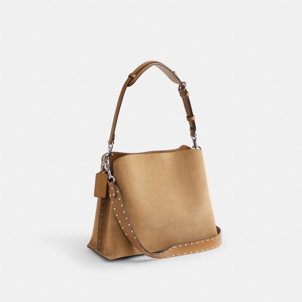 COACH®,Willow Shoulder Bag With Rivets,Leather,Bucket,Logo,Studded,Silver Metal,Casual,Brown,Angle View