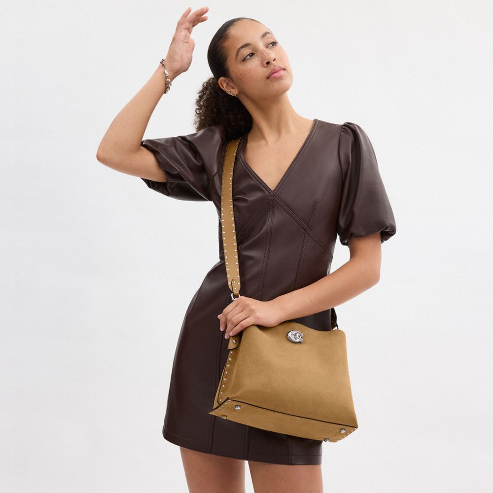 COACH®,Willow Shoulder Bag With Rivets,Leather,Bucket,Logo,Studded,Silver Metal,Casual,Brown
