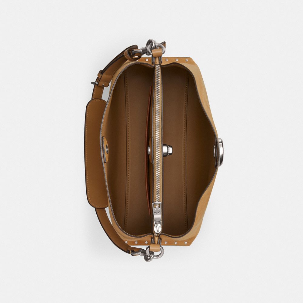 COACH®,Willow Shoulder Bag With Rivets,Leather,Bucket,Logo,Studded,Silver Metal,Casual,Brown,Inside View,Top View