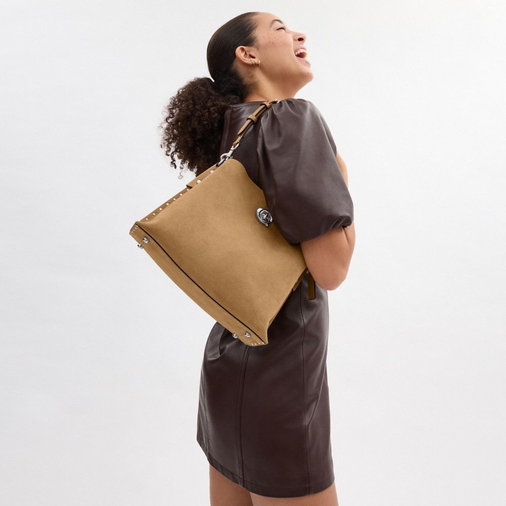 COACH®,Willow Shoulder Bag With Rivets,Leather,Bucket,Logo,Studded,Silver Metal,Casual,Brown,Detail View