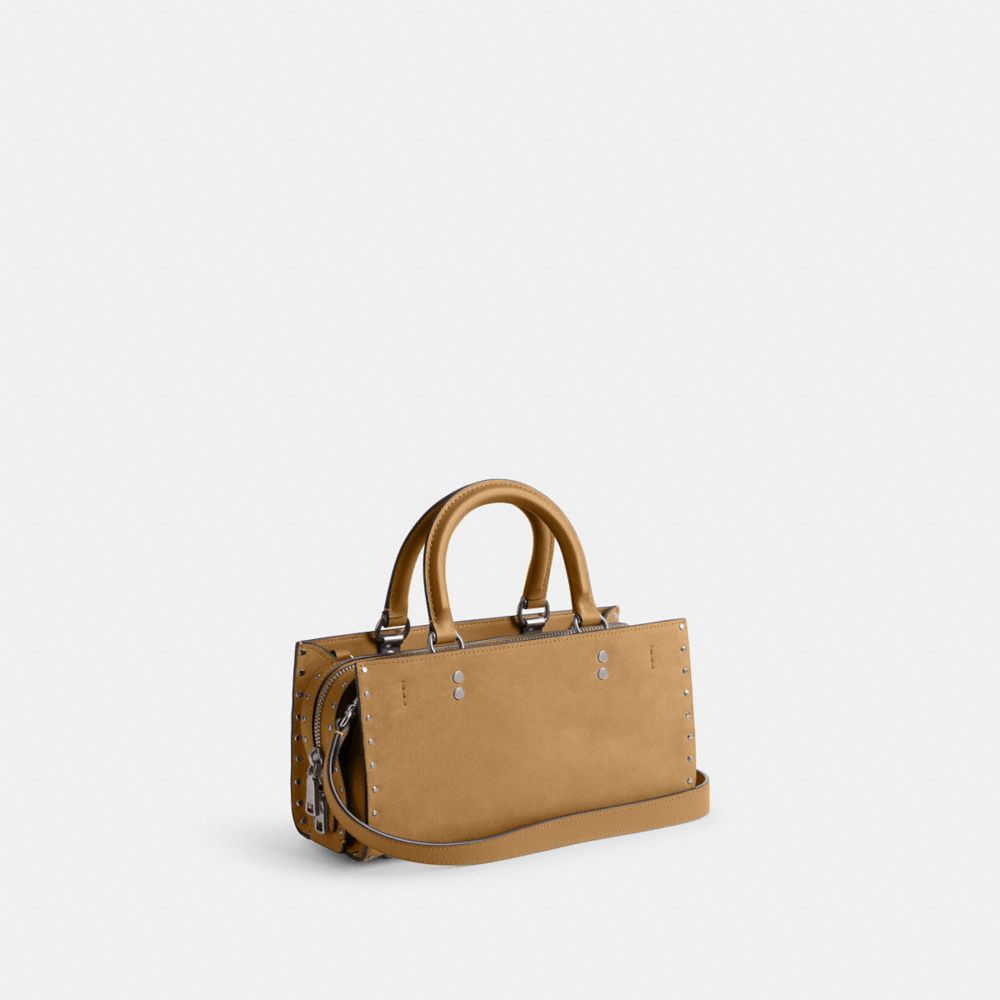 COACH®,Rogue Bag 26 With Rivets,Leather,Crossbody,Logo,Metal,Studded,Compact,Silver Metal,Work,Brown,Angle View