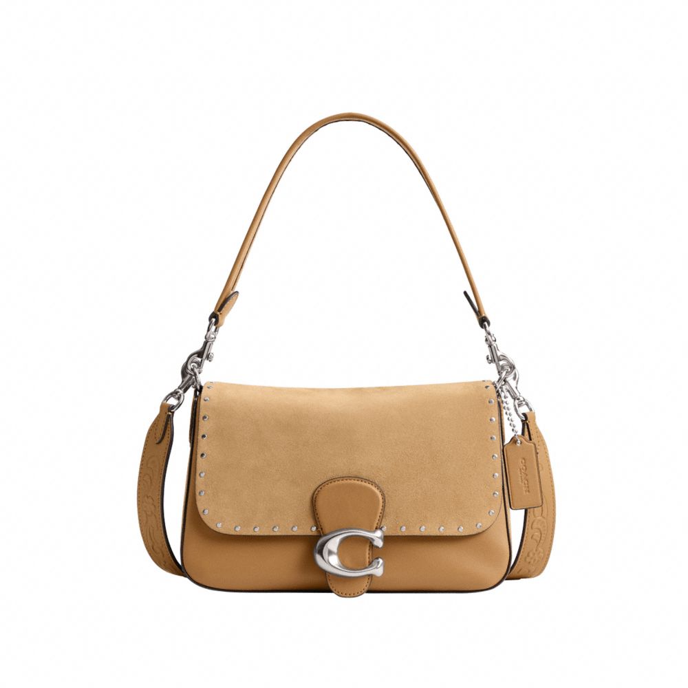 COACH®,SAC ÉPAULE SOFT TABBY AVEC CLOUS ET FINITIONS MÉTALLIQUES,Suède,Argent/Cacahuète,Front View