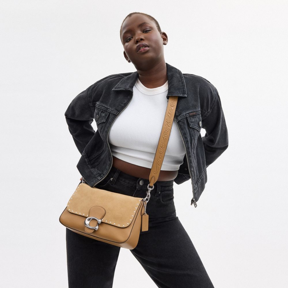 COACH®,Soft Tabby Shoulder Bag With Rivets And Tooling,Leather,Shoulder Bag,Studded,Logo,Metal,Day Party,Brown