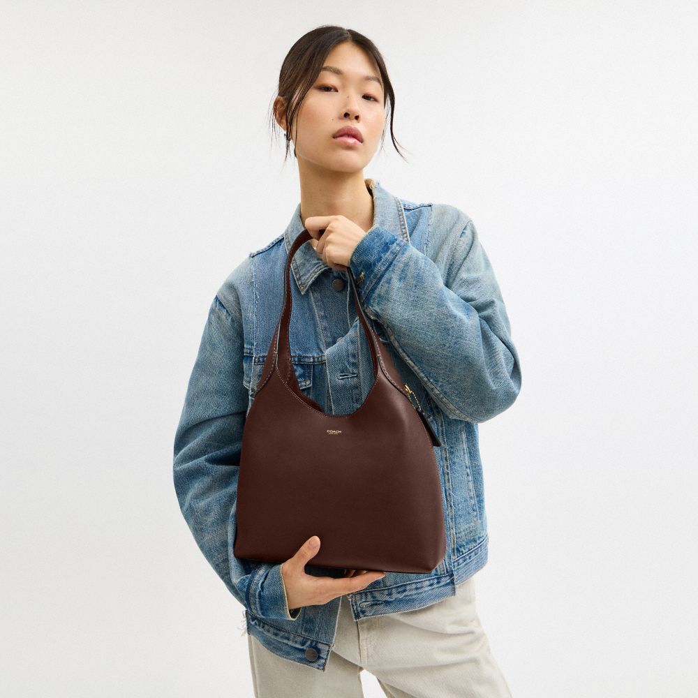 COACH®,Brooklyn Shoulder Bag 28,Leather,Hobo,Logo,Word Embellishment,Embossed,Casual,Brown