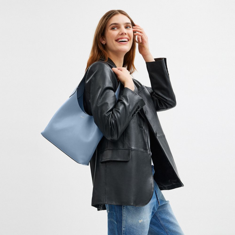 COACH®,Brooklyn Shoulder Bag 28,Leather,Hobo,Logo,Word Embellishment,Embossed,Casual,Blue,Detail View