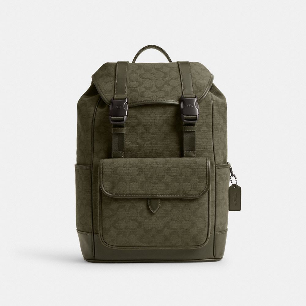 COACH®,LEAGUE FLAP BACKPACK IN SIGNATURE CANVAS JACQUARD,Signature Jacquard,X-Large,Army Green,Front View