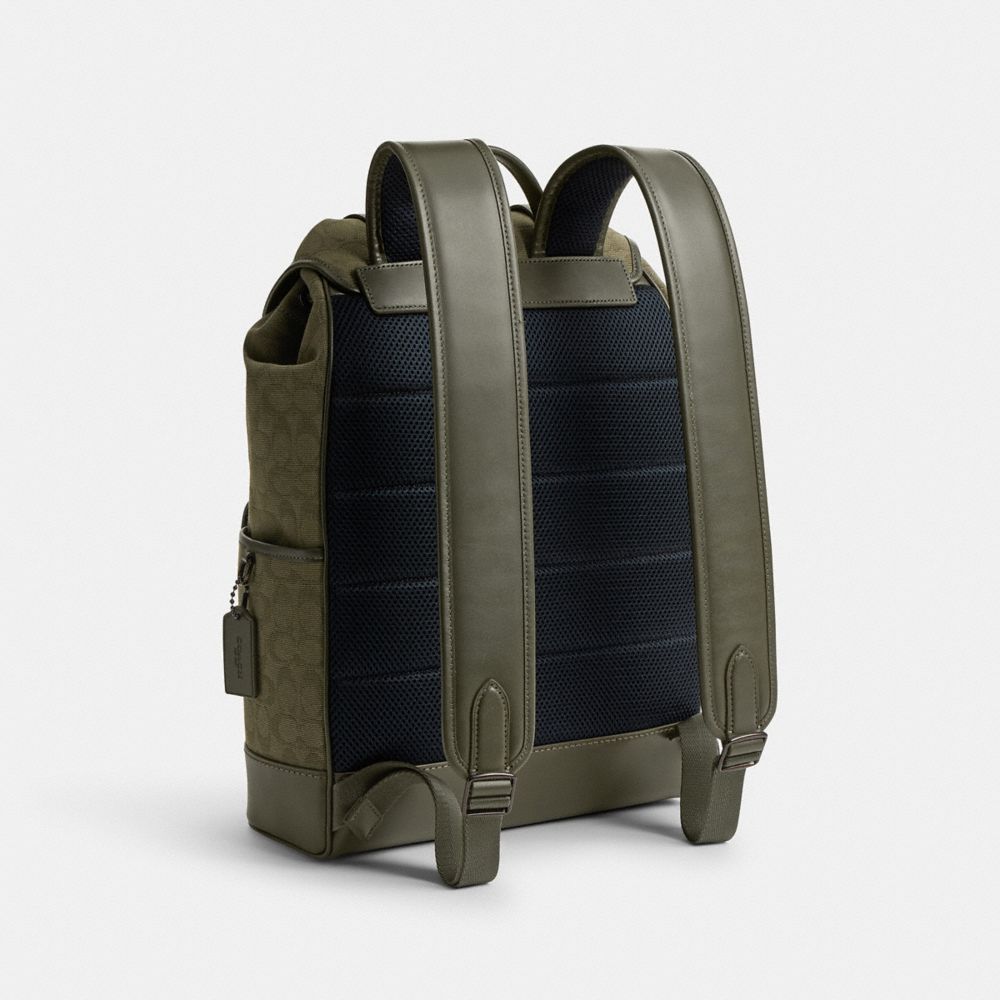 COACH®,LEAGUE FLAP BACKPACK IN SIGNATURE CANVAS JACQUARD,Signature Jacquard,X-Large,Army Green,Angle View