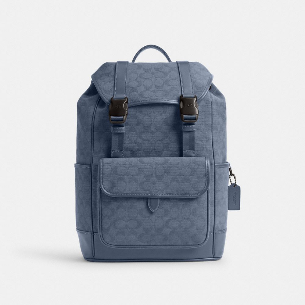 COACH®,LEAGUE FLAP BACKPACK IN SIGNATURE CANVAS JACQUARD,Signature Jacquard,X-Large,Washed Chambray,Front View