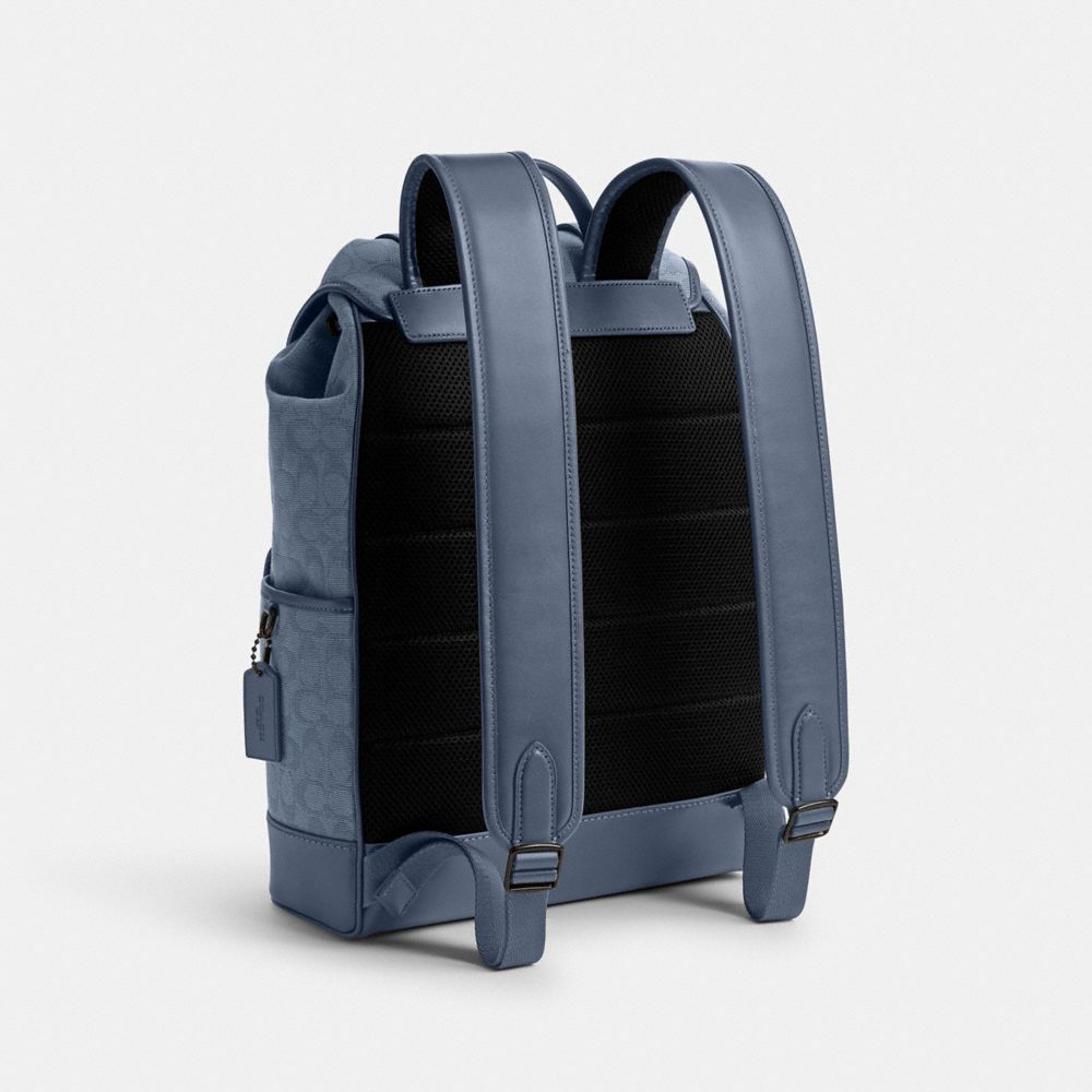COACH®,League Flap Backpack In Signature Canvas Jacquard,Canvas,Calfskin Leather,Backpack,Leather Embellishment,Adjustable...,,Angle View