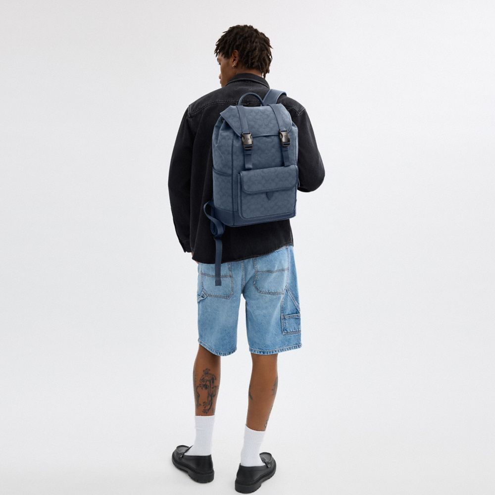 COACH®,League Flap Backpack In Signature Canvas Jacquard,Canvas,Calfskin Leather,Backpack,Leather Embellishment,Adjustable...,,Detail View