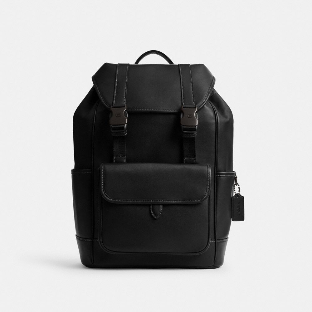 COACH®,League Flap Backpack,Leather,Backpack,Logo,Casual,Black,Front View