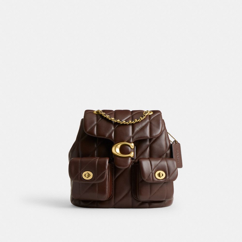 COACH®,Tabby Backpack With Pillow Quilting,Leather,Backpack,Metal,Logo,Compact,Brass,Casual,Day Party,Brown,Front View