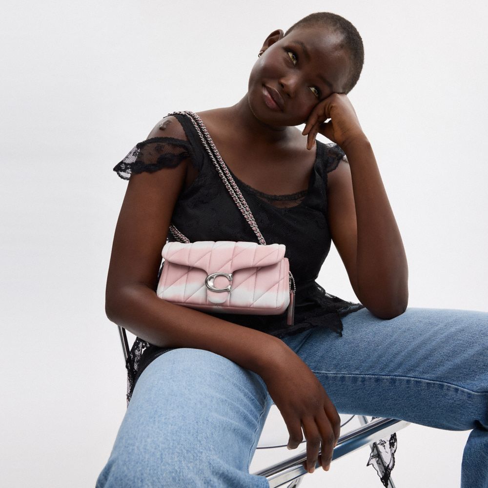 COACH®,Tabby Shoulder Bag 20 With Quilting And Tie Dye,Leather,Shoulder Bag,Chain Detail,Logo,Silver Metal,Day Party,Pink,Detail View