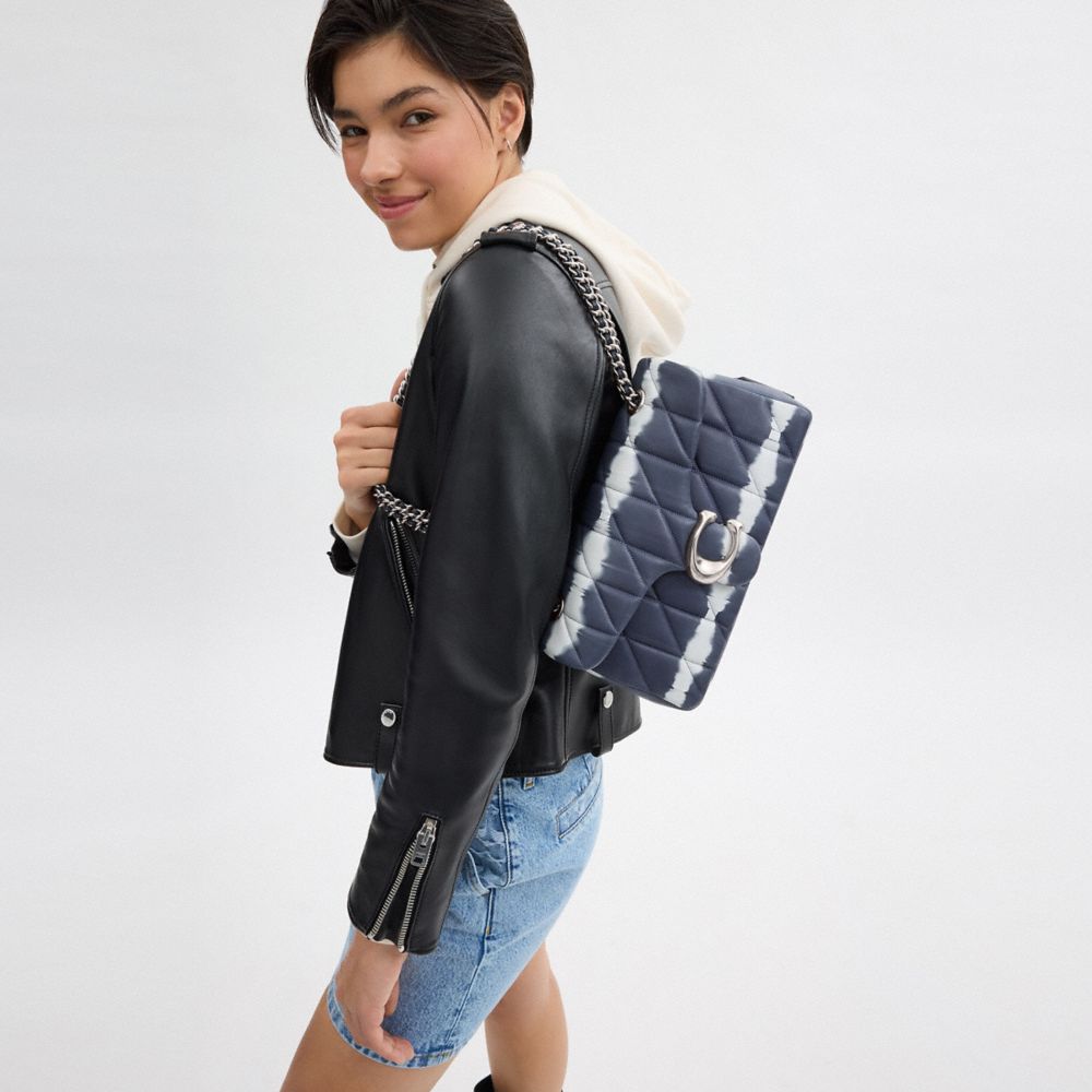 COACH®,Tabby Shoulder Bag 26 With Quilting And Tie Dye,Leather,Shoulder Bag,Chain Detail,Logo,Compact,Silver Metal,Casual,Navy,Detail View