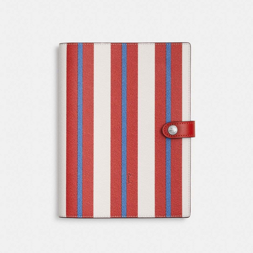 COACH®,NOTEBOOK WITH STRIPE PRINT,Silver/Chalk Multi,Front View