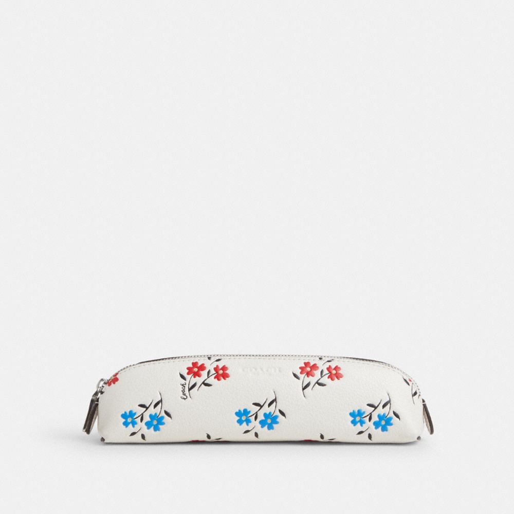 COACH®,PENCIL CASE WITH FLORAL PRINT,Mini,Silver/Chalk Multi,Front View