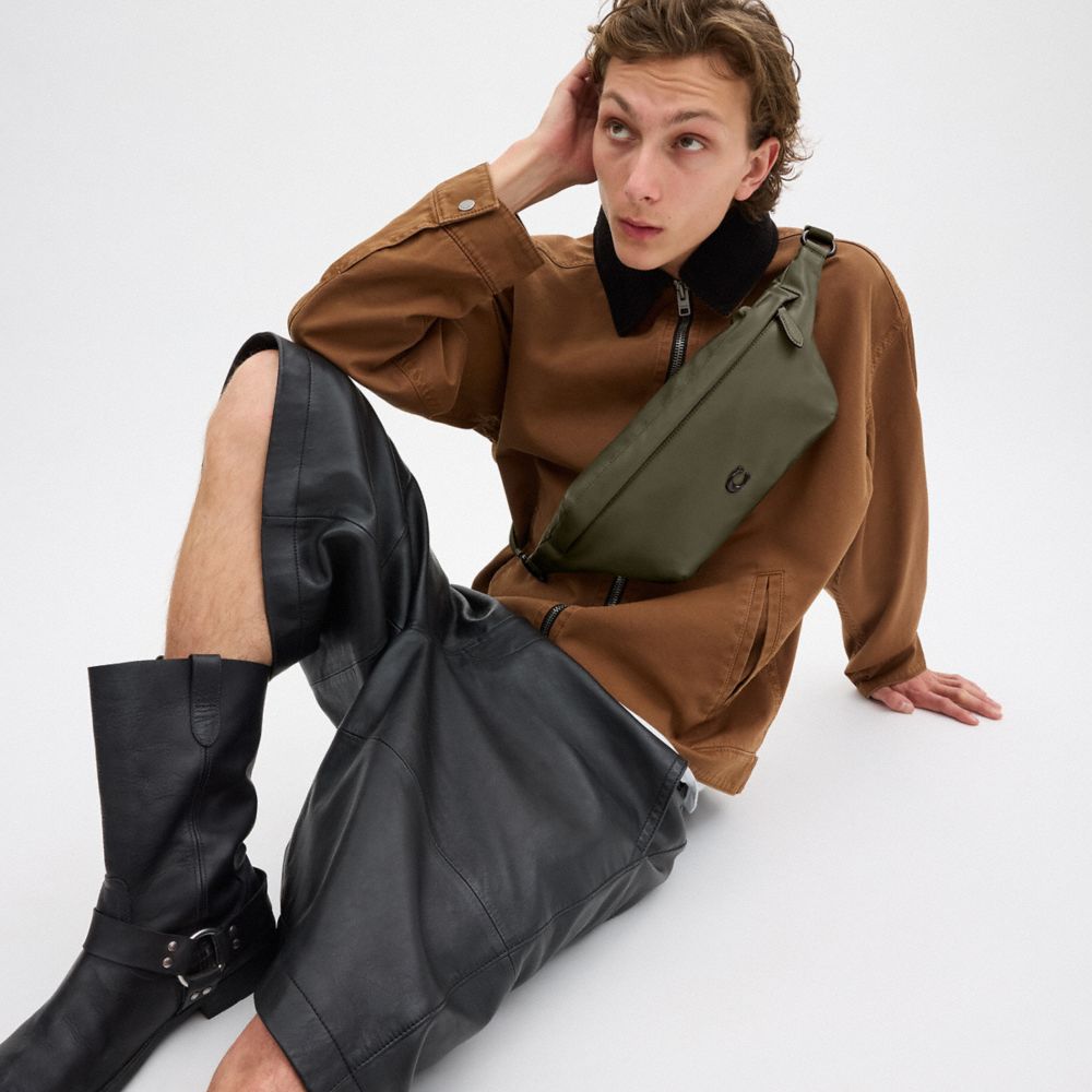 COACH®,Hall Belt Bag,Leather,Belt Bag,Metal,Logo,Engraved Detail,Adjustable,Casual,Olive,Detail View