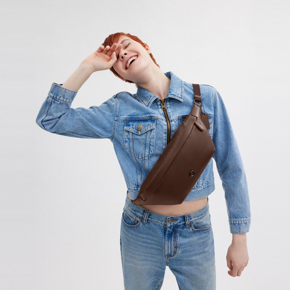 COACH®,Hall Belt Bag,Leather,Belt Bag,Metal,Logo,Engraved Detail,Adjustable,Casual,Brown,Angle View