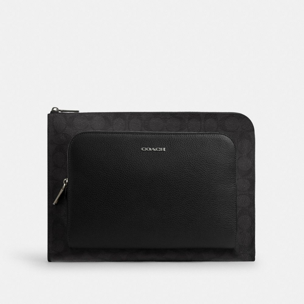 COACH®,ETHAN PORTFOLIO IN SIGNATURE CANVAS,Medium,Gunmetal/Black/Black,Front View