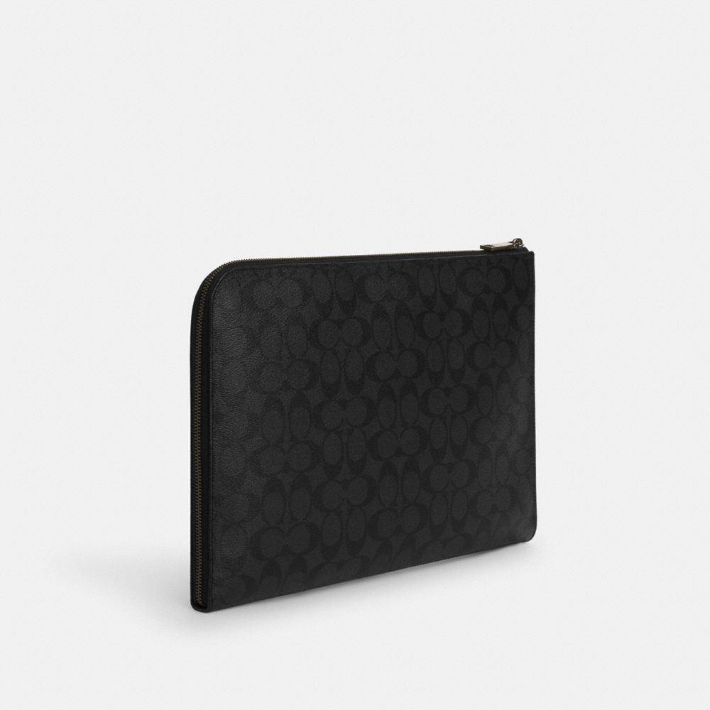 COACH®,Ethan Portfolio In Signature Canvas,Canvas,Leather,Laptop Sleeve,Logo,Metal,Work,Black,Angle View