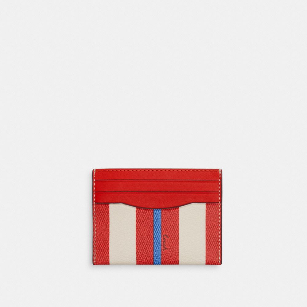 COACH®,SLIM ID CARD CASE WITH STRIPE PRINT,Novelty Print,Miami Red Multi,Front View