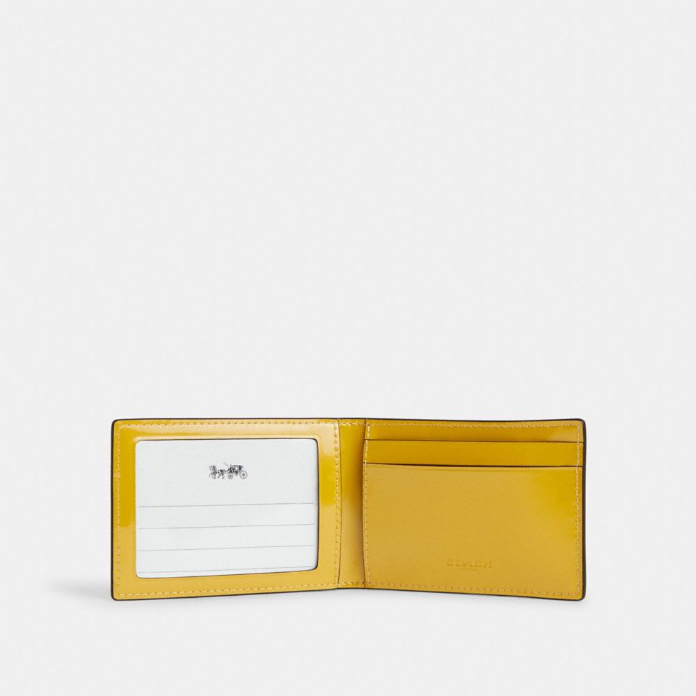 COACH®,Compact Billfold Wallet In Signature Leather,Bi Fold,Card Case,Coin,Casual,Mustard,Inside View,Top View