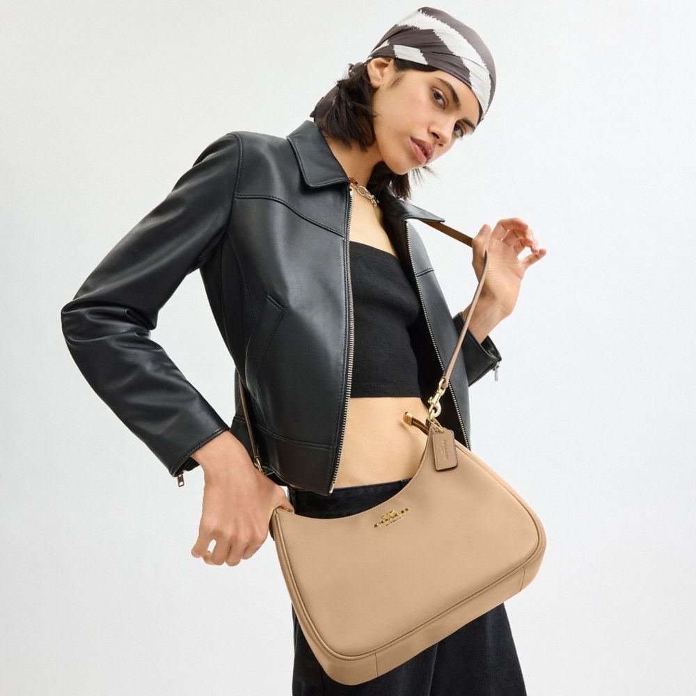 COACH®,Teri Hobo Bag,Shoulder Bag,Ruched,Logo,Metal,Casual,Beige,Detail View