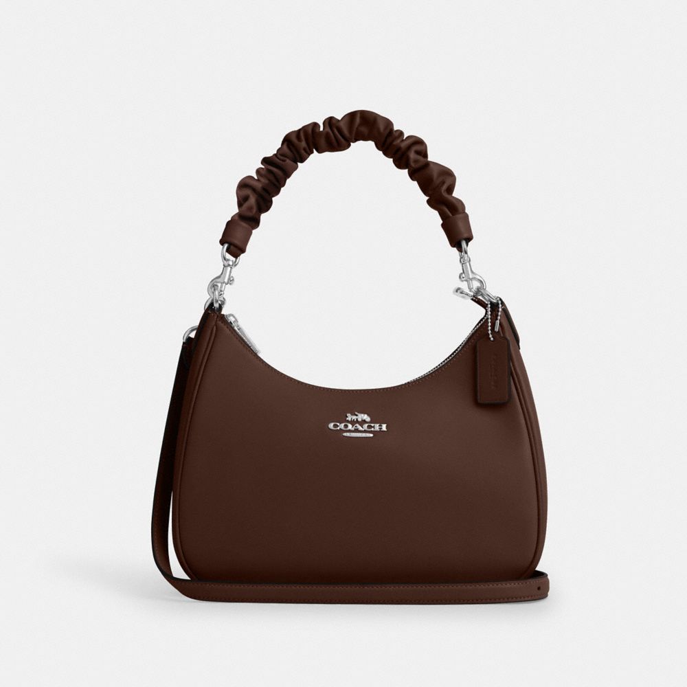 COACH®,Teri Hobo Bag,Shoulder Bag,Ruched,Logo,Metal,Casual,Brown,Front View