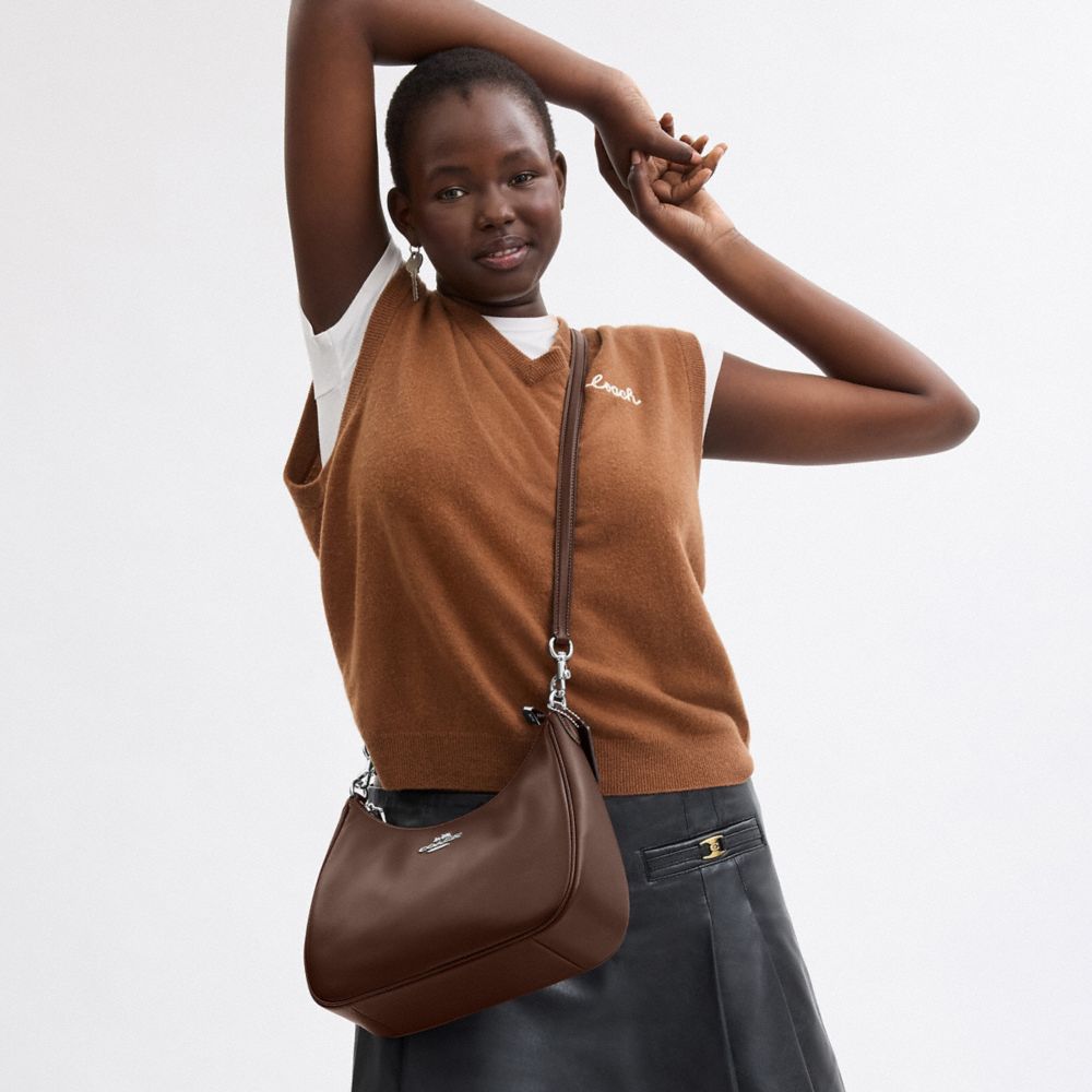 COACH®,Teri Hobo Bag,Shoulder Bag,Ruched,Logo,Metal,Casual,Brown,Detail View