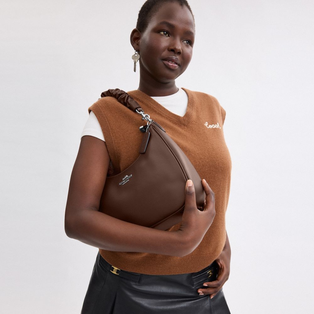 COACH®,Teri Hobo Bag,Shoulder Bag,Ruched,Logo,Metal,Casual,Brown,Detail View