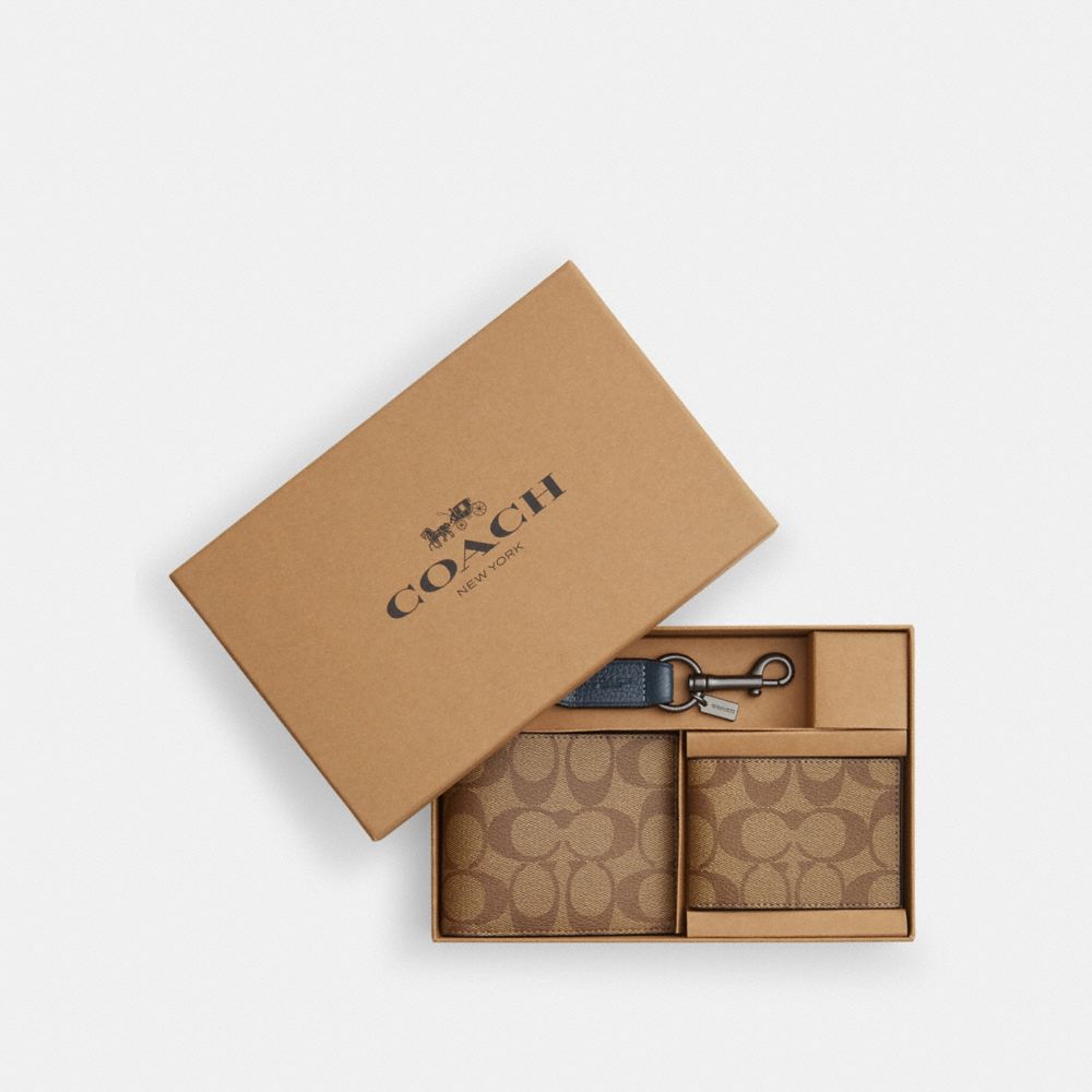 COACH®,BOXED 3-IN-1 WALLET GIFT SET IN COLORBLOCK SIGNATURE CANVAS,Mini,Gunmetal/Khaki/Denim,Front View