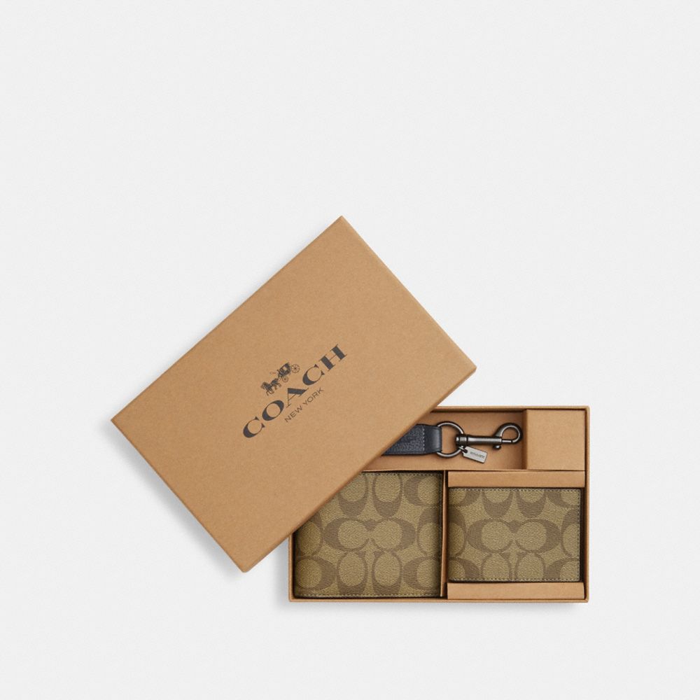 COACH®,BOXED 3-IN-1 WALLET GIFT SET IN COLORBLOCK SIGNATURE CANVAS,Mini,Gunmetal/Khaki/Denim,Front View