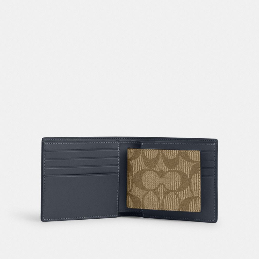 COACH®,COFFRET CADEAU PORTEFEUILLE 3-EN-1 EN TOILE EXCLUSIVE COLOR BLOCK,Bronze industriel/Kaki/Denim,Inside View,Top View