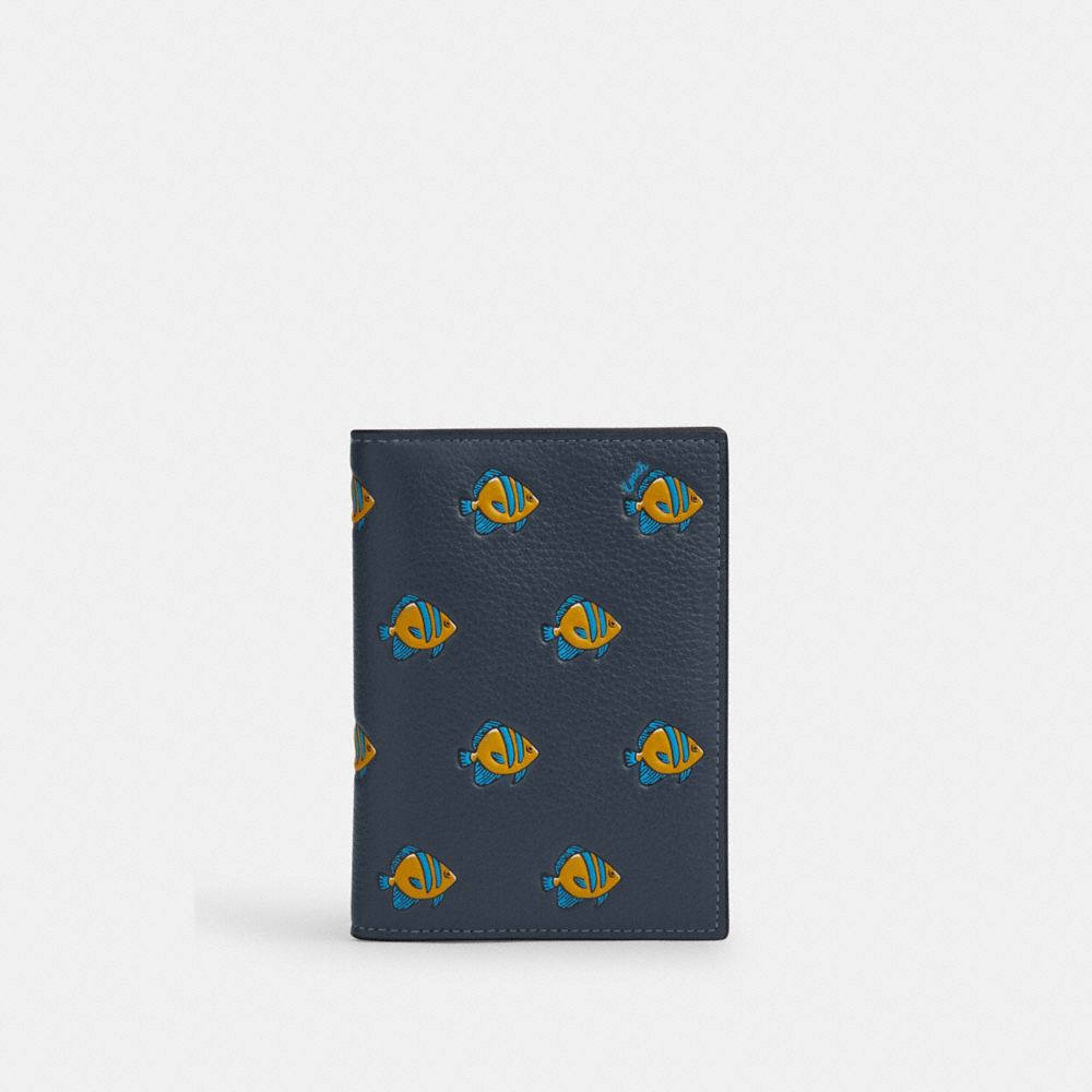 COACH®,PASSPORT CARD CASE WITH FISH PRINT,Mini,Gunmetal/Denim Multi,Front View