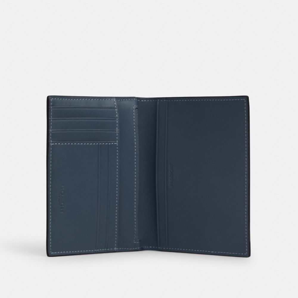 COACH®,Passport Card Case With Fish Print,Leather,Passport Case,Bi Fold,Word Embellishment,Logo,Travel,Navy,Inside View,Top View