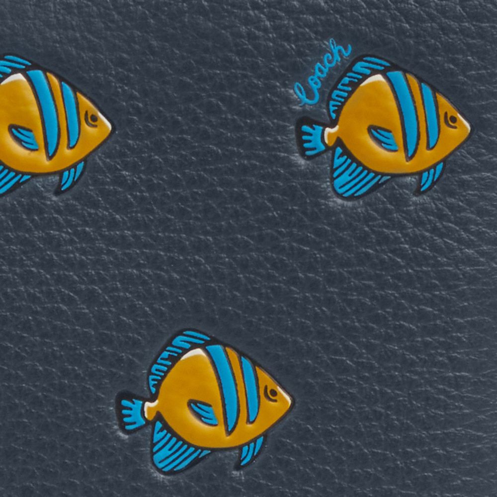 COACH®,Passport Card Case With Fish Print,Leather,Passport Case,Bi Fold,Word Embellishment,Logo,Travel,Navy
