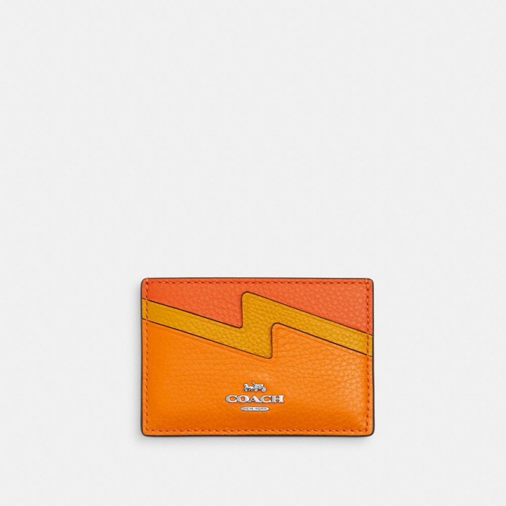 COACH®,BOLT CARD CASE,Novelty Leather,Silver/Bright Mandarin Multi,Front View