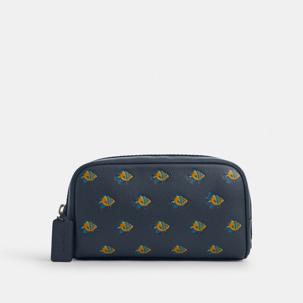 COACH®,SMALL TRAVEL KIT WITH FISH PRINT,Medium,Gunmetal/Denim Multi,Front View