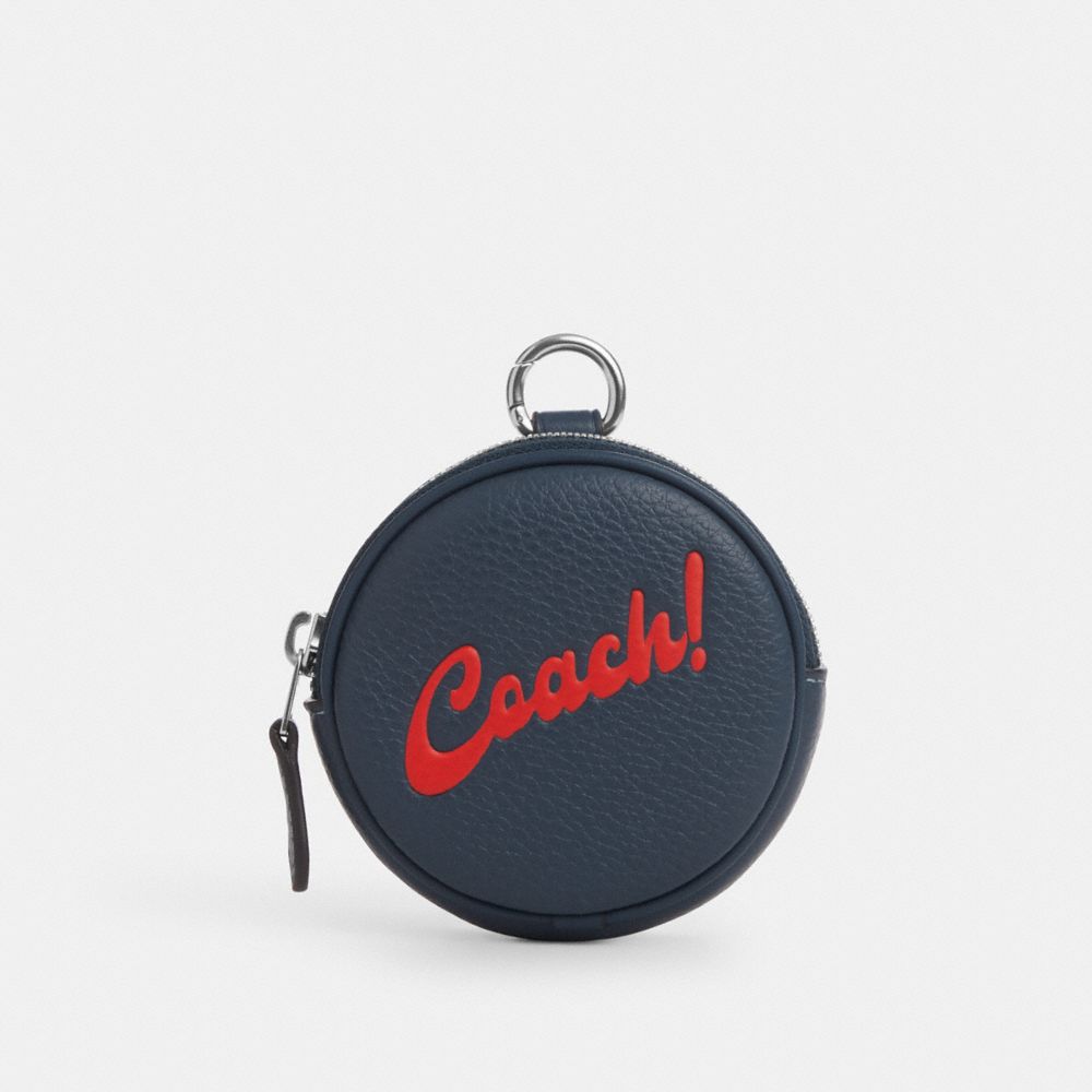 COACH®,ROUND COIN CASE WITH COACH GRAPHIC,Sv/Denim/Red,Front View