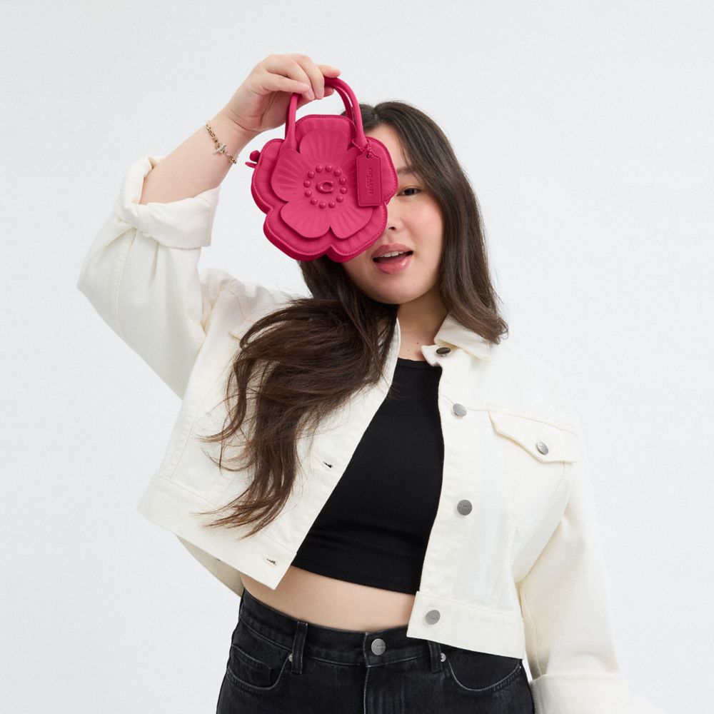COACH®,Tea Rose Bag,Leather,Lining Leather,Crossbody,3D Embellishment,Metal,Studded,Logo,Day Party,Pink,Detail View