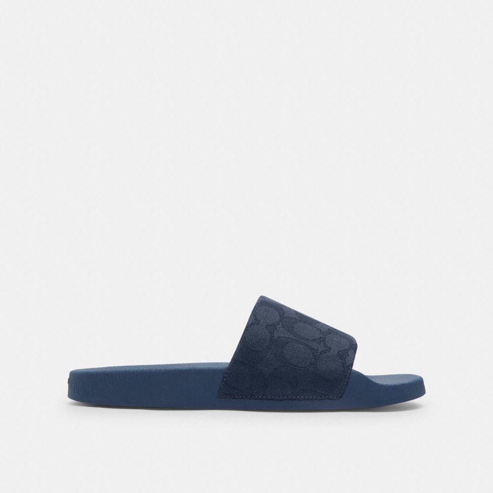 COACH®,ULI SPORT SLIDE IN SIGNATURE JACQUARD,Dark Denim,Angle View