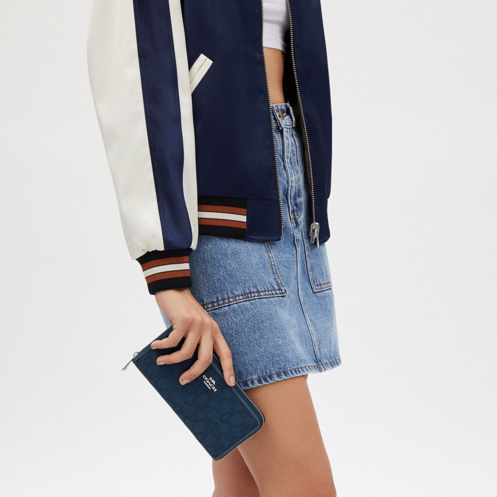 COACH®,Long Zip Around Wallet In Signature Jacquard,Continental,Casual,Navy,Detail View