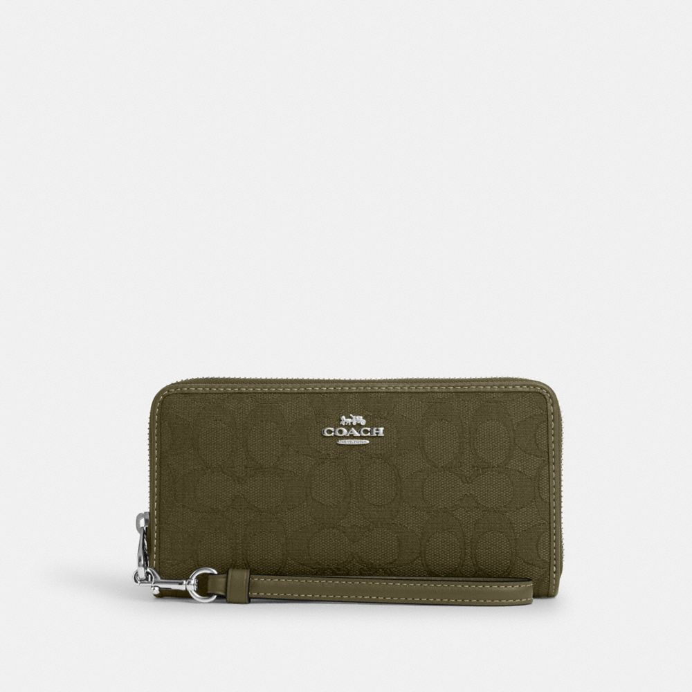 COACH®,LONG PORTEFEUILLE À ZIP-CONTOUR AVEC JACQUARD SIGNATURE,Faux cuir,Olive Terne/Olive Terne,Front View