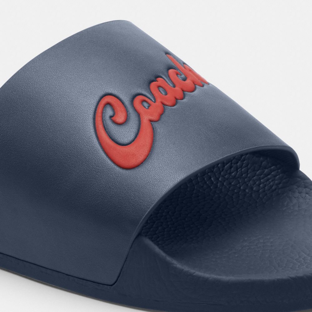 COACH®,Slide With Boardwalk Graphic,Leather,Rubber,Slides,Casual,Navy