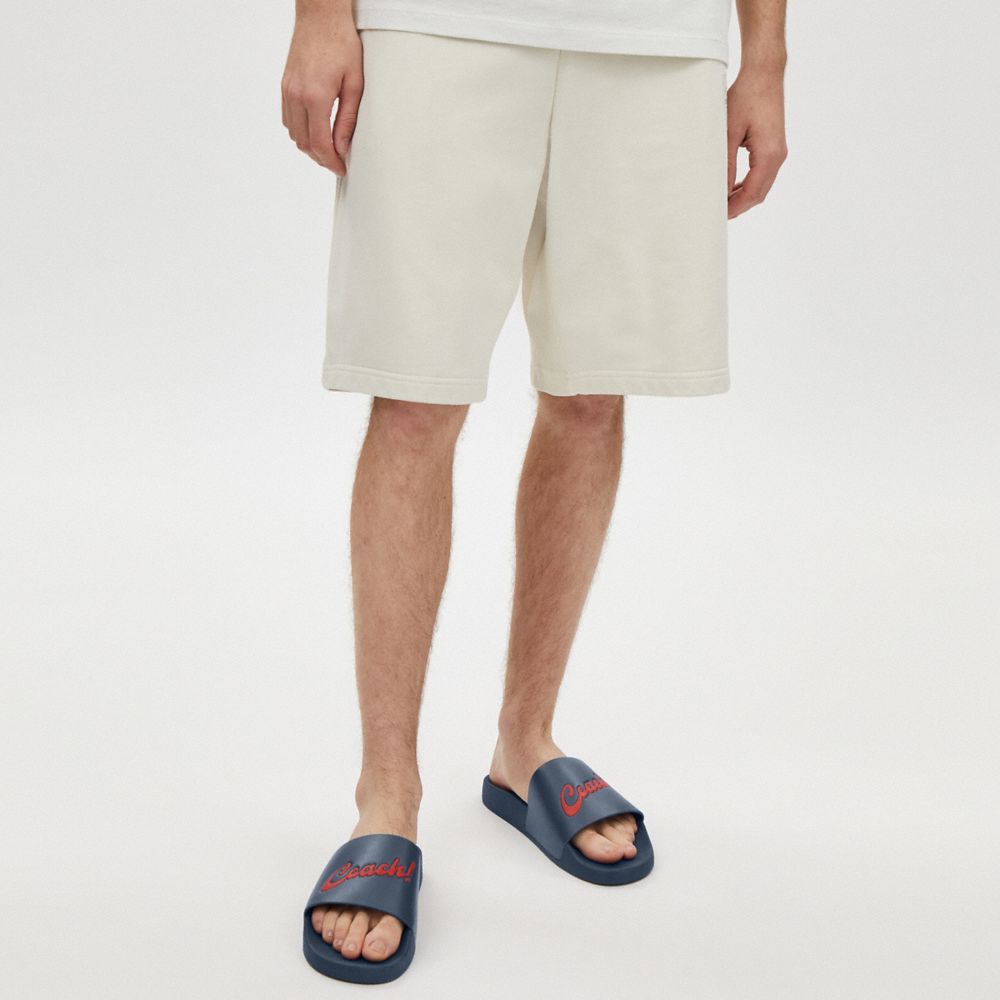 COACH®,Slide With Boardwalk Graphic,Leather,Rubber,Slides,Casual,Navy,Detail View