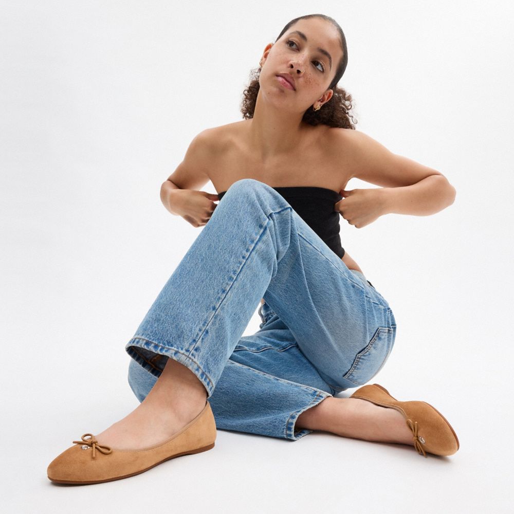 COACH®,Abigail Flat,Rubber,Ballet Flats,Logo,Metal,Bow,Ripstop,Work,Brown,Detail View
