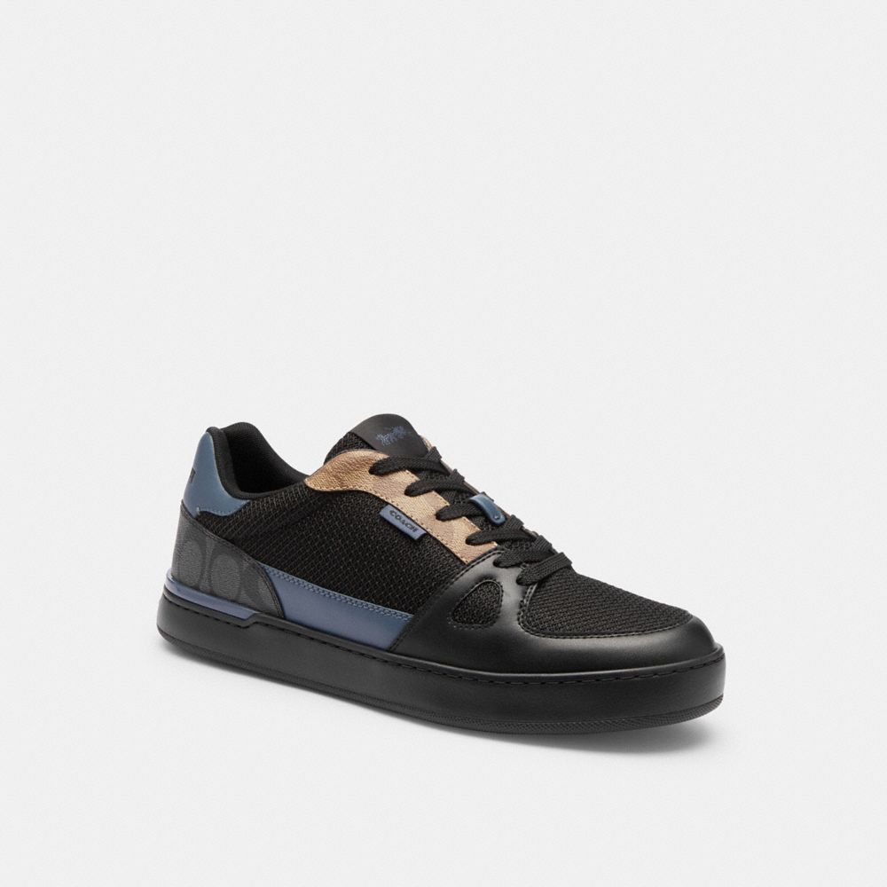 COACH®,Clip Court Sneaker In Colorblock Signature Canvas,Rubber,EVA,Mesh,Leather,Canvas,Casual,Fabric,Color Block,Perforat...,Black,Front View