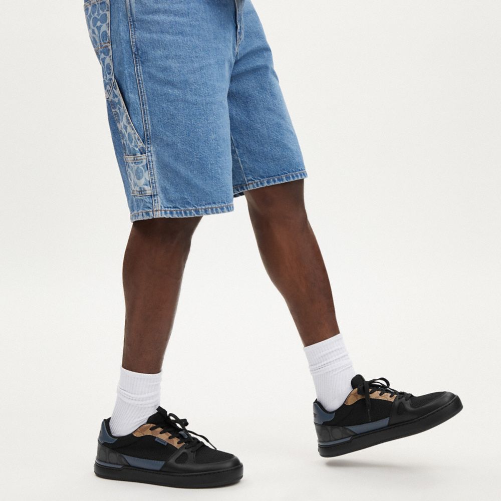 COACH®,Clip Court Sneaker In Colorblock Signature Canvas,Mesh,Rubber,EVA,Canvas,Leather,Casual,Fabric,Perforated,Color Blo...,Black,Detail View