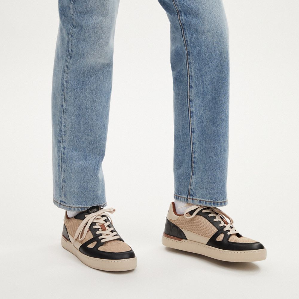 COACH®,Clip Court Sneaker In Colorblock Signature Canvas,Mesh,Rubber,EVA,Canvas,Leather,Casual,Fabric,Perforated,Color Blo...,Beige,Detail View